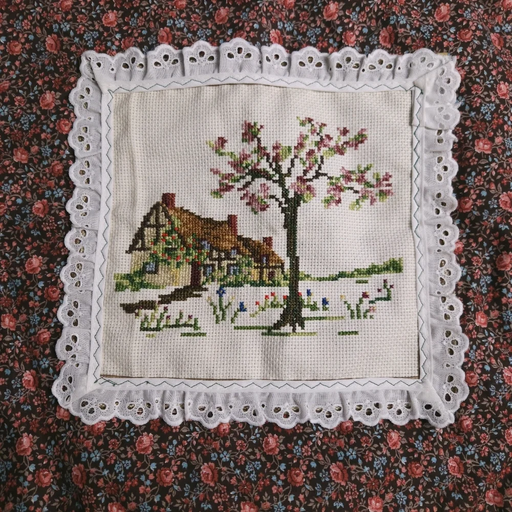 Vintage Embroidered Cross Stitch Lace Pillowcase Spring Cottage 13x13 Handmade